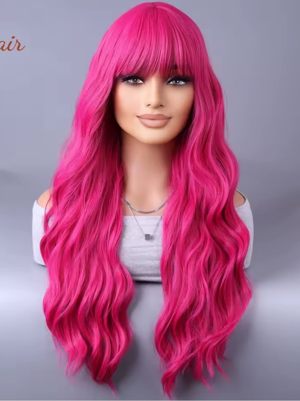 Amazon Vibrant Hot Pink Long Wavy Wig with Full Bangs
